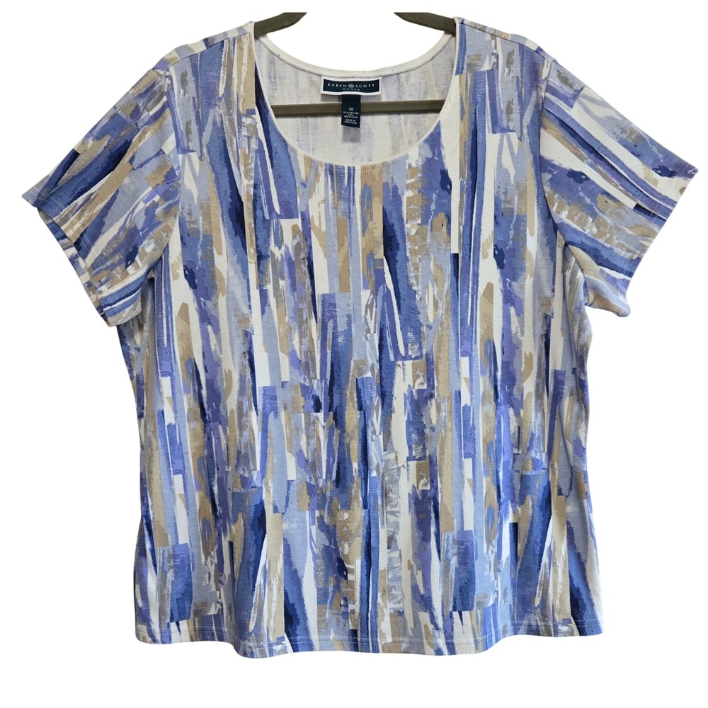 Karen Scott Woman Artsy Blue Tan Abstract Brushstroke Print Scoop Neck Top 1X